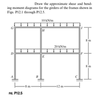 Draw the approximate shear and bend-
ing moment diagrams for the girders of the frames shown in
Figs. P12.1 through P12.5.
10 kN/m
H
8 m
20 kN/m
D
E
8 m
A
В
-8 m-
-12 m
FIG. P12.5
