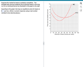 Suppose the market for beans is perfectly competitive. The
average total cost and marginal cost of growing beans in the long
run for an individual farmer are illustrated in the graph to the right.
According to the graph, the long run equilibrium price for beans is
$ per box. (Enter a numeric response using a real number
rounded to two decimal places.)
C
Price and cost (dollars per box)
10-
9-
00
N
1
0
10
MC
20 30 40 50 60 70 80
Quantity of beans (boxes per week)
ATC
90 100
N