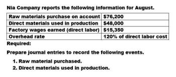 Nia Company reports the following information for August.
Raw materials purchase on account $76,200
Direct materials used in production $48,000
Factory wages earned (direct labor) $15,350
Overhead rate
Required:
120% of direct labor cost
Prepare journal entries to record the following events.
1. Raw material purchased.
2. Direct materials used in production.