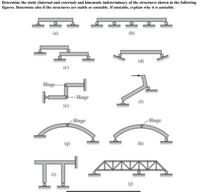 Determine the static (internal and external) and kinematic indeterminacy of the structures shown in the following
figures. Determine also if the structures are stable or unstable. If unstable, explain why it is unstable.
(a)
(b)
(d)
(c)
Hinge
Hinge
(f)
(e)
Hinge
Hinge
(h)
(8)
(i)
(i)
