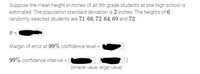 Suppose the mean height in inches of all 9th grade students at one high school is estimated. The population standard deviation is 2 inches. The heights of 6 randomly selected students are 71, 66, 72, 64, 69, and 72.

- Sample mean (\(\bar{x}\)) = [redacted]

- Margin of error at 99% confidence level = [redacted]

- 99% confidence interval = [ [redacted], [redacted] ] [smaller value, larger value]