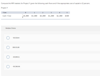 **Compute the NPV statistic for Project Y given the following cash flows and if the appropriate cost of capital is 12 percent.**

**Project Y**

| Time | 0       | 1,000 | 2,000 | 3,000 | 4,000 | 5,000 |
|------|---------|-------|-------|-------|-------|-------|
| Cash Flow | -$10,000 | $3,000 | $4,000 | $1,000 | $2,000 | $500   |

**Multiple Choice**

- ∘ -$1,539.14
- ∘ $18,133.88
- ∘ -$1,866.12
- ∘ -$1,366.99

To calculate the Net Present Value (NPV) of Project Y, apply the following formula:

\[ NPV = \sum \left( \frac{C_t}{(1+r)^t} \right) - C_0 \]

Where:
- \( C_t \) is the cash flow at time \( t \),
- \( r \) is the discount rate (12% in this case),
- \( C_0 \) is the initial investment (-$10,000 at time 0).

Analyze the cash flows over the 5-year period and choose the correct NPV from the options provided.