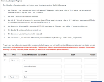 Current Attempt in Progress
The following information relates to the debt securities investments of Sheffield Company.
1.
2.
3.
4.
5.
6.
7.
No.
Prepare any journal entries you consider necessary, including year-end entries (December 31), assuming these are available-for-sale
securities. (List all debit entries before credit entries. Credit account titles are automatically indented when amount is entered. Do not indent
manually. If no entry is required, select "No Entry" for the account titles and enter O for the amounts.)
(1)
On February 1, the company purchased 11% bonds of Gibbons Co. having a par value of $318,000 at 100 plus accrued
interest. Interest is payable April 1 and October 1.
On April 1, semiannual interest is received.
On July 1, 9% bonds of Sampson, Inc. were purchased. These bonds with a par value of $219,600 were purchased at 100 plus
accrued interest. Interest dates are June 1 and December 1.
(2)
On September 1, bonds with a par value of $55,200, purchased on February 1, are sold at 97 plus accrued interest.
On October 1, semiannual interest is received.
On December 1, semiannual interest is received.
On December 31, the fair value of the bonds purchased February 1 and July 1 are 93 and 91, respectively.
Date
Feb. 1
Apr. 1
Account Titles and Explanation
in
Interest Receivable
Cash
Cash
Debit
Credit