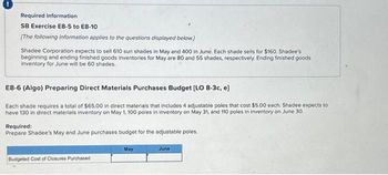 Required information
SB Exercise E8-5 to E8-10
[The following information applies to the questions displayed below.)
Shadee Corporation expects to sell 610 sun shades in May and 400 in June. Each shade sells for $160. Shadee's
beginning and ending finished goods inventories for May are 80 and 55 shades, respectively. Ending finished goods
inventory for June will be 60 shades.
E8-6 (Algo) Preparing Direct Materials Purchases Budget [LO 8-3c, e]
Each shade requires a total of $65.00 in direct materials that includes 4 adjustable poles that cost $5.00 each. Shadee expects to
have 130 in direct materials inventory on May 1, 100 poles in inventory on May 31, and 110 poles in inventory on June 30.
Required:
Prepare Shadee's May and June purchases budget for the adjustable poles.
Budgeted Cost of Closures Purchased
May
June