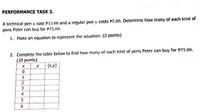 PERFORMANCE TASK 3.
A technical pen x cost P15.00 and a regular pen y costs P5.00. Determine how many of each kind of
pens Peter can buy for P75.00.
1. Make an equation to represent the situation. (2 points)
2. Complete the table below to find how many of each kind of pens Peter can buy for P75.00.
(10 points)
y
(x,y)
1
3
4
5
6.
