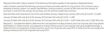 Required information Skip to question [The following information applies to the questions displayed below.]
Laker Company reported the following January purchases and sales data for its only product. The Company uses a
perpetual inventory system. For specific identification, ending inventory consists of 300 units from the January 30
purchase, 5 units from the January 20 purchase, and 25 units from beginning inventory.
Date Activities Units Acquired at Cost Units sold at Retail January 1 Beginning inventory 200 units @ $ 12.50 = $2,500
January 10 Sales 160 units @ $21.50 January 20 Purchase 130 units @ $ 11.50 = 1,495
January 25 Sales 140 units @ $21.50 January 30 Purchase 300 units @ $ 11.00 = 3,300 Totals 630 units $ 7,295 300 units
Required: 1. Complete the table to determine the cost assigned to ending inventory and cost of goods sold using specific
identification. 2. Determine the cost assigned to ending inventory and to cost of goods sold using weighted average. 3.
Determine the cost assigned to ending inventory and to cost of goods sold using FIFO. 4. Determine the cost assigned to
ending inventory and to cost of goods sold using LIFO.