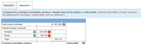 Required 1
Required 2
Compute the overhead controllable variance. Classify each as favorable or unfavorable. (Indicate the effect of each variance
by selecting for favorable, unfavorable, and no variance.)
Total actual overhead
S 361,000
Flexible budget overhead
270,940 8
64,170 8
Variable
Fixed
Total
335,110
Overhead controllable variance
Unfavorable
