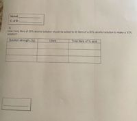 ### Mixture Problem: Alcohol Solution

**Objective**: Determine the quantity of 20% alcohol solution to be added to 40 liters of a 50% alcohol solution to achieve a 30% alcohol solution.

**Question 4**:  
- How many liters of 20% alcohol solution should be added to 40 liters of a 50% alcohol solution to make a 30% solution?

**Table Overview**:

A table is provided with three columns:

1. **Solution Strength (%)**:
   - Lists the percentage concentration of alcohol in the solution.
   
2. **Liters**:
   - Contains the quantity in liters for each solution type.

3. **Total Liters of % Acid**:
   - Represents the total volume of alcohol in the solution after blending.

The table is divided into rows, where each row corresponds to a particular solution calculation.

**Work through this problem by setting up an equation**:
- Let \( x \) be the liters of 20% solution. The equation based on alcohol content can be derived from:

\[ 0.2x + 0.5(40) = 0.3(x + 40) \]

### Steps to Solve

1. Calculate the total alcohol in each solution.
2. Use the equation to find the value of \( x \).
3. Fill in the table based on the solution.

This exercise aids in understanding mixture problems and applying percentages in practical scenarios.