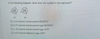 In the following diagram, what does the symbol in (a) represent?
a. N-channel enhancement-MOSFET
O b. P-channel enhancement-type MOSFET
O c. N-channel enhancement-type JFET
O d. N-channel depletion-type JFET