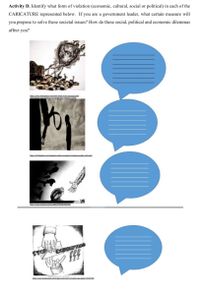 Activity D. Identify what form of violation (economic, cultural, social or political) in each of the
CARICATURE represented below. If you are a government leader, what certain measure will
you propose to solve these societal issues? How do these social, political and economic dilemmas
affect you?
