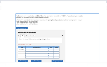 **Diaz Company Machine Disposal Accounting**

Diaz Company owns a machine that initially cost $126,300 and has accumulated depreciation of $93,000. To accurately record the disposal of this machine on January 1, we must consider each situation separately.

1. **Scenario 1:** The machine required extensive repairs and was deemed not worth repairing. Consequently, Diaz disposed of the machine without receiving anything in return.
2. **Scenario 2:** Diaz sold the machine for $16,600 in cash.
3. **Scenario 3:** Diaz sold the machine for $33,300 in cash.
4. **Scenario 4:** Diaz sold the machine for $40,400 in cash.

### Journal Entry Worksheet

- **Tabs:** The worksheet includes four tabs to record each scenario separately.
- **Instructions:** Record the disposal of the machine according to each scenario. Ensure that debits are entered before credits, as noted below the entry fields.

### Journal Entry Interface

- **Date Field:** The default date provided is January 01.
- **General Journal Columns:** There are columns to enter the description, debit, and credit amounts. 
- **Buttons:** 
  - "Record entry" allows saving the current entry.
  - "Clear entry" deletes input in the form.
  - "View general journal" displays all recorded entries.

Use this worksheet as a practical exercise in handling asset disposals under different financial outcomes.
