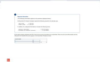 Mc
Graw
Hill
Required information
[The following information applies to the questions displayed below.]
At December 31, Hawke Company reports the following results for its calendar year.
$ 400,000
$ 1,000,000
Cash sales
Credit sales
In addition, its unadjusted trial balance includes the following items.
Accounts receivable
Allowance for doubtful accounts
$540,000 debit
$ 5,400 debit
3. An aging analysis estimates that 5% of year-end accounts receivable are uncollectible. Show how Accounts Receivable and the
Allowance for Doubtful Accounts appear on its December 31 balance sheet.
Current assets:
$