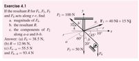 Exercise 4.1
If the resultant R for F1, F2, F3
and F4 acts along r-r, find
a. magnitude of F4.
y
F2 = 100 N
a, F1 = 40 Ni+15 Nj
b. the resultant R.
c. the components of F2
along a-a and b-b.
Answer: (a) F4 = 38.5 N,
(b) R = 12.96 N,
(c) Fa-a=55.5 N
and F-b= 93.4 N
4
10°
45°
60°
a
20°
F3 = 50 N
F4
