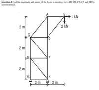 Question-4 Find the magnitude and nature of the forces in members AC, AD, DB, CE, CF and FD by
section method.
A
В
1 kN
2 m
2 kN
D
2 m
2 m
H
2 m
2 m
