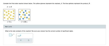 Consider the first-order reaction shown below. The yellow spheres represent the reactant, A. The blue spheres represent the product, B.
A
B
t=0 s
Part 1 of 3
t = 1.00 s
What is the rate constant of the reaction? Be sure your answer has the correct number of significant digits.
-1
S
x10
X
S