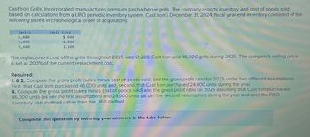 Cast Iron Grills, Incorporated, manufactures premium gas barbecue grills. The company reports inventory and cost of goods sold
based on calculations from a LIFO periodic inventory system. Cast Iron's December 31, 2024, fiscal year-end inventory consisted of the
following (listed in chronological order of acquisition):
Units
8,600
5,800
9,600
Unit Cost
$ 900
1,000
1,100
The replacement cost of the grills throughout 2025 was $1,200. Cast Iron sold 45,000 grills during 2025. The company's selling price
is set at 200% of the current replacement cost.
Required:
1. & 2. Compute the gross profit (sales minus cost of goods sold) and the gross profit ratio for 2025 under two different assumptions.
First, that Cast Iron purchased 46,000 units and, second, that Cast Iron purchased 24,000 units during the year.
4. Compute the gross profit (sales minus cost of goods sold) and the gross profit ratio for 2025 assuming that Cast Iron purchased
46,000 units (as per the first assumption) and 24,000 units (as per the second assumption) during the year and uses the FIFO
inventory cost method rather than the LIFO method.
Complete this question by entering your answers in the tabs below.