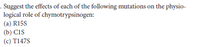 . Suggest the effects of each of the following mutations on the physio-
logical role of chymotrypsinogen:
(a) R15S
(b) Cis
(c) T147S
