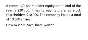 A company's shareholder equity at the end of the
year is $20,000. It has to pay its preferred stock
shareholders $10,000. The company issued a total
of 10,000 shares.
How much is each share worth?