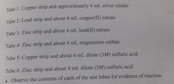 Tube 1: Copper strip and approximately 4 mL silver nitrate
Tube 2: Lead strip and about 4 mL copper(II) nitrate
Tube 3: Zinc strip and about 4 mL lead(II) nitrate
Tube 4: Zinc strip and about 4 mL magnesium sulfate
Tube 5: Copper strip and about 4 mL dilute (3M) sulfuric acid
Tube 6: Zinc strip and about 4 mL dilute (3M) sulfuric acid
4 Observe the contents of each of the test tubes for evidence of reaction.