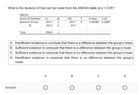 What is the decision of that can be made from the ANOVA table at a = 0.05?
ANOVA
Source of Variation
Between Groups
df
MS
F
P-value
F crit
553.7
a
184.7
Y
0.00268 3.23887
405.2
25.3
Total
958.9
A. Insufficient evidence to conclude that there is a difference between the group's mean.
B. Sufficient evidence to conclude that there is a difference between the group's mean.
C. Sufficient evidence to conclude that there is no difference between the group's mean.
D. Insufficient evidence to conclude that there is no difference between the group's
mean.
A
B
D
Answer

