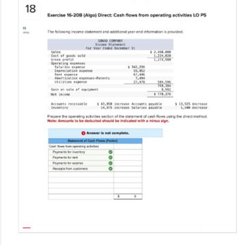 18
Exercise 16-20B (Algo) Direct: Cash flows from operating activities LO P5
19
The following income statement and additional year-end information is provided.
SONAD COMPANY
Income Staterent
-
For Year Ended December 31
Sales
Cost of goods sold
Gross profit
Operating expenses
Salaries expense
Depreciation expense
Rent expense
Amortization expenses-Patents
Utilities expense
$ 342,226
$ 2,498,000
1,224,020
1,273,980
59,952
67,446
7,494
27,478
584,596
Gain on sale of equipment
Net income
769,384
9,992
$779,376
Accounts receivable $ 43,850 increase Accounts payable
Inventory
14,975 increase Salaries payable
$ 13,925 decrease
1,500 decrease
Prepare the operating activities section of the statement of cash flows using the direct method.
Note: Amounts to be deducted should be indicated with a minus sign.
Answer is not complete.
Statement of Cash Flows (Partial)
Cash flows from operating activities
Payments for inventory
Payments for rent
Payments for salaries
Receipts from customers
$
0