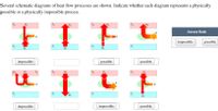 Several schematic diagrams of heat flow processes are shown. Indicate whether each diagram represents a physically
possible or a physically impossible process.
Answer Bank
impossible
possible
Te
impossible
possible
possible
W
Te
impossible
impossible
possible
