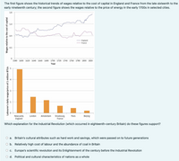 The first figure shows the historical trends of wages relative to the cost of capital in England and France from the late sixteenth to the
early nineteenth century; the second figure shows the wages relative to the price of energy in the early 1700s in selected cities.
18
England
France
0.5
1580 1600 1620 1640 1660 1680 1700 1720 1740 1760 1780 1800 1820
Year
Newcastle,
England
Strasbourg.
France
London
Amsterdam
Paris
Beijing
Which explanation for the Industrial Revolution (which occurred in eighteenth-century Britain) do these figures support?
O a. Britain's cultural attributes such as hard work and savings, which were passed on to future generations
O b. Relatively high cost of labour and the abundance of coal in Britain
O c. Europe's scientific revolution and its Enlightenment of the century before the Industrial Revolution
O d. Political and cultural characteristics of nations as a whole
Labourer's daily wage/price of 1 million BTUS
Wages relative to the cost of capital
