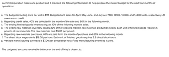 Luchini Corporation makes one product and it provided the following information to help prepare the master budget for the next four months of
operations:
a. The budgeted selling price per unit is $111. Budgeted unit sales for April, May, June, and July are 7,100, 10,100, 13,300, and 14,000 units, respectively. All
sales are on credit.
b. Regarding credit sales, 40% are collected in the month of the sale and 60% in the following month.
c. The ending finished goods inventory equals 10% of the following month's sales.
d. The ending raw materials inventory equals 30% of the following month's raw materials production needs. Each unit of finished goods requires 5
pounds of raw materials. The raw materials cost $5.00 per pound.
e. Regarding raw materials purchases, 40% are paid for in the month of purchase and 60% in the following month.
f. The direct labor wage rate is $18.00 per hour. Each unit of finished goods requires 2.9 direct labor-hours.
g. Variable manufacturing overhead is $7.00 per direct labor-hour. Fixed manufacturing overhead is zero.
The budgeted accounts receivable balance at the end of May is closest to: