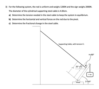 3) For the following system, the rod is uniform and weighs 1200N and the sign weighs 2000N.
The diameter of the cylindrical supporting steel cable is 4.00cm.
a) Determine the tension needed in the steel cable to keep the system in equilibrium.
b) Determine the horizontal and vertical forces on the rod due to the pivot.
c) Determine the fractional change in the steel cable.
Supporting Cable, with tension FT
3/4L
25°/0
L
Pivot
x=90°
A sign
B = 65°