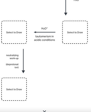 Select to Draw
neutralizing
work-up
(deprotonat
ion)
Select to Draw
H3O+
Select to Draw
I
tautomerism in
I
acidic conditions