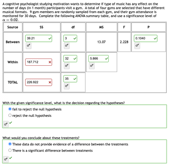 A cognitive psychologist studying motivation wants to determine if type of music has any effect on the
number of days (in 1 month) participants visit a gym. A total of four gyms are selected that have different
musical formats. 9 gym members are randomly sampled from each gym, and their gym attendance is
monitored for 30 days. Complete the following ANOVA summary table, and use a significance level of
a = 0.02.
Source
Between
Within
TOTAL
39.21
or
187.712
226.922
SS
X
X
3
32
B
35
df
MS
13.07
5.866
F
2.228
With the given significance level, what is the decision regarding the hypotheses?
fail to reject the null hypothesis
O reject the null hypothesis
What would you conclude about these treatments?
These data do not provide evidence of a difference between the treatments
There is a significant difference between treatments
0.1040
P