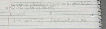 to answer
The graph of a function fis giver. Use the graph the question.
12) For what number x is f(x) <0?
A. (-60,70)
B. (-00-60)
C. (-∞, -60) U (70, 100)
D.E100,-6070 (70, 100)