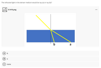 The refracted light in the denser medium would be ray (a) or ray (b)?
III #10.png
...
b
a
b
B
a
none
