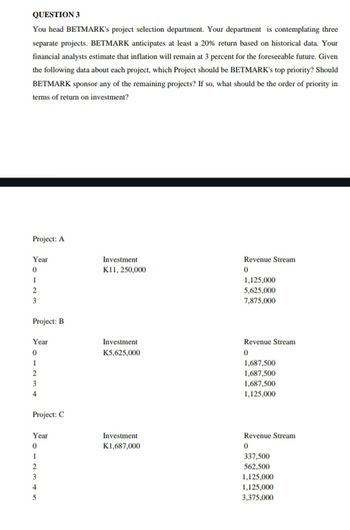 QUESTION 3
You head BETMARK's project selection department. Your department is contemplating three
separate projects. BETMARK anticipates at least a 20% return based on historical data. Your
financial analysts estimate that inflation will remain at 3 percent for the foreseeable future. Given
the following data about each project, which Project should be BETMARK's top priority? Should
BETMARK sponsor any of the remaining projects? If so, what should be the order of priority in
terms of return on investment?
Project: A
Year
0
1
2
3
Project: B
Year
0
1
2
3
4
Project: C
Year
0
1
2
345
Investment
K11, 250,000
Investment
K5,625,000
Investment
K1,687,000
Revenue Stream
0
1,125,000
5,625,000
7,875,000
Revenue Stream
0
1,687,500
1,687,500
1,687,500
1,125,000
Revenue Stream
0
337,500
562,500
1,125,000
1,125,000
3,375,000