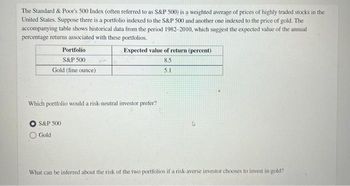 The Standard & Poor's 500 Index (often referred to as S&P 500) is a weighted average of prices of highly traded stocks in the
United States. Suppose there is a portfolio indexed to the S&P 500 and another one indexed to the price of gold. The
accompanying table shows historical data from the period 1982-2010, which suggest the expected value of the annual
percentage returns associated with these portfolios.
Portfolio
S&P 500
Gold (fine ounce)
Expected value of return (percent)
8.5
5.1
Which portfolio would a risk-neutral investor prefer?
S&P 500
Gold
4
What can be inferred about the risk of the two portfolios if a risk-averse investor chooses to invest in gold?