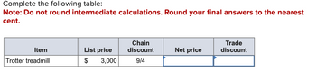 Complete the following table:
Note: Do not round intermediate calculations. Round your final answers to the nearest
cent.
Item
Trotter treadmill
List price
$ 3,000
Chain
discount
9/4
Net price
Trade
discount