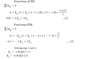 ΣΜΑ =
From beam ACDE,
0
0 = Ex4 + Ex4 + (−10) ×2.5 +1.88×-
X
9.02 = 4 Ex + 4 Ey
ΣΜΒ = 0
From beam EFB,
E
E =
0 = -Ex3 + Ex3 - 6x1.5 - · (-3) × ²32²2
(−3) ×-
-4.5 = - 3 Ex
3 E + 3 E
y
=
4.123²
2
...(1)
Solving eqn 1 and 2,
1.88 KN (→)
0.38 KN (↓)
..(2)