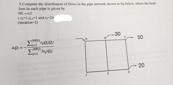 5.Compute the distribution of flows in the pipe network shown in fig below, where the head
loss in each pipe is given by
HL=rQ2
(r₁=1,112=1 and r₂=2)(
(iteration=2)
Ali =
NP(i)
rijQjlQjl
2rijlQjl
NP(i)
j=1
A
F
E
30
D
590
20