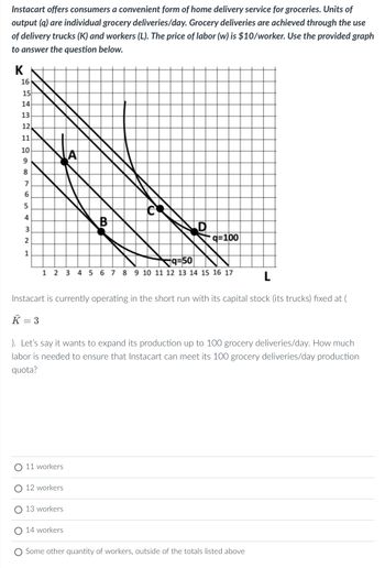 Instacart offers consumers a convenient form of home delivery service for groceries. Units of
output (q) are individual grocery deliveries/day. Grocery deliveries are achieved through the use
of delivery trucks (K) and workers (L). The price of labor (w) is $10/worker. Use the provided graph
to answer the question below.
K
16
15
14
13
21
12
11
10
9
32 DS18
7
6
5
4
2
1
11 workers
A
q=50
1 2 3 4 5 6 7 8 9 10 11 12 13 14 15 16 17
12 workers
B
L
Instacart is currently operating in the short run with its capital stock (its trucks) fixed at (
K = 3
13 workers
C
). Let's say it wants to expand its production up to 100 grocery deliveries/day. How much
labor is needed to ensure that Instacart can meet its 100 grocery deliveries/day production
quota?
14 workers
q=100
Some other quantity of workers, outside of the totals listed above