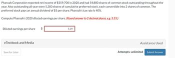 Pharoah Corporation reported net income of $359,700 in 2020 and had 54,800 shares of common stock outstanding throughout the
year. Also outstanding all year were 5,300 shares of cumulative preferred stock, each convertible into 2 shares of common. The
preferred stock pays an annual dividend of $5 per share. Pharoah's tax rate is 40%.
Compute Pharoah's 2020 diluted earnings per share. (Round answer to 2 decimal places, e.g. 3.55.)
Diluted earnings per share
eTextbook and Media
Save for Later
$
5.09
Assistance Used
Attempts: unlimited
Submit Answer