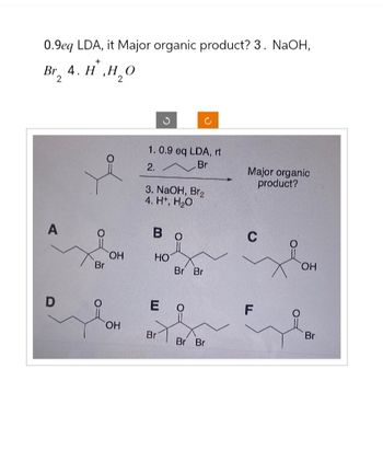 0.9eq LDA, it Major organic product? 3. NaOH,
Br₁₂ 4. H,H₂O
2
A
D
FO
Br
O=
C
ง
1.0.9 eq LDA, rt
2.
Br
3. NaOH, Br2
4. H+, H₂O
Bo
OH
HO
Br Br
OH
E O
Br
Br Br
Major organic
product?
C
OH
FL
Br