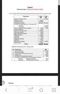 Tutorial 9
Submission date: 18 January 2021 before 12.00pm
1. At 31 January 2020 the following trial balance was extracted from the books of Yusiti.
Particulars
Debit
RM
Credit
RM
101,430
Capital 1 February 2019
Vehiçles at cost
Equipment at cost
Purchases and sales
Provision for depreciation at 1 February 2019:
35,000
80,000
284,680 503,520
Vehicles
Equipment
Return inward and return outwards
21,000
35,000
650
1,340
1,220
25,570
4,930
7,420
and
Finance expenses
Stock at 1 February 2019
Vehicles expenses
Rent, rates and insurance
Office expenses
Drawings
Petty cash
Wages and salaries
Bad debts
21,940
23,550
200
95,370
1,240
Debtors and creditors
83,210 18,950
Cash at bank
14,880
680,550 680,550
TOTAL
Additional information as at 31 January 2020:
No. Particulars
i. Stock valued at
ii. Insurance prepaid
RM
29,750
340
420
ii
Goods taken from stock for own use
iv. Wages due
v. Provision for doubtful debt required
2,400
620
Provision for depreciation is to be provided as follows:
Vehicles
Equipment - reducing balance method
vi
- straight line method
30%
25%
Add or create
Required:
L----- L OIL- C -
1--------
------ded n4
2
