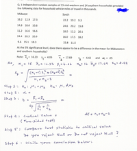 Q. 1 Independent random samples of 15 mid-western and 14 southern households provided
the following data for household vehicle miles of travel in thousands.
Midwest
South
16.2 12.9 17.3
22.2 19.2 9.3
14.6 18.6 10.8
24.6 20.2 15.8
11.2 16.6 16.6
18.0
12.2 20.1
24.4 20.3 20.9
16.0 17.5 18.2
9.6 15.1 18.3
22.8 11.5
At the 5% significance level, does there appear to be a difference in the mean for Midwestern
and southern households?
Note: x, = 16.23
S, = 4.06
= 17.69
2.
= 4.42
and K = .05
X
>°, n,= 15 ,= 16.23 5, =4.06 M2= 14 7,= 17.69 $2=4.42
Sp
(n,-1) s?+(nz-i)s?
Step I- H, :M,=Mq
Hai M, #Mz
step 2:
L =
df = nit ngrZ
Stet 4 : Cristical Valme =
( Two-sided test)
Step 5: Compare test statistic to coitical value
2o you rejeet Null or Do not veject Null ?
Step 6 :
Wmite your conelusion below;
