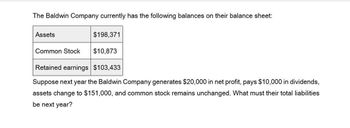 The Baldwin Company currently has the following balances on their balance sheet:
Assets
$198,371
Common Stock
$10,873
Retained earnings $103,433
Suppose next year the Baldwin Company generates $20,000 in net profit, pays $10,000 in dividends,
assets change to $151,000, and common stock remains unchanged. What must their total liabilities
be next year?