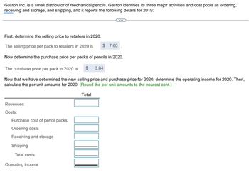 Gaston Inc. is a small distributor of mechanical pencils. Gaston identifies its three major activities and cost pools as ordering,
receiving and storage, and shipping, and it reports the following details for 2019:
First, determine the selling price to retailers in 2020.
The selling price per pack to retailers in 2020 is $ 7.60
Now determine the purchase price per packs of pencils in 2020.
The purchase price per pack in 2020 is
$
3.84
Now that we have determined the new selling price and purchase price for 2020, determine the operating income for 2020. Then,
calculate the per unit amounts for 2020. (Round the per unit amounts to the nearest cent.)
Revenues
Costs:
Purchase cost of pencil packs
Ordering costs
Receiving and storage
Shipping
Total costs
Operating income
Total