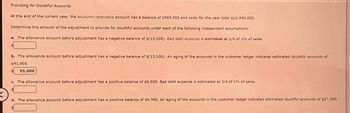 Providing for Doubtful Accounts
At the end of the current year, the accounts receivable account has a balance of $969,000 and sales for the year total $10,990,000.
Determine the amount of the adjustment to provide for doubtful accounts under each of the following independent assumptions:
a. The allowance account before adjustment has a negative balance of $(13,100). Bad debt expense is estimated at 1/4 of 1% of sales.
b. The allowance account before adjustment has a negative balance of $(13,100). An aging of the accounts in the customer ledger indicates estimated doubtful accounts of
$41,900.
55,000
c. The allowance account before adjustment has a positive balance of $6,900. Bad debt expense is estimated at 3/4 of 1% of sales.
d. The allowance account before adjustment has a positive balance of $6,900. An aging of the accounts in the customer ledger indicates estimated doubtful accounts of $57,300.