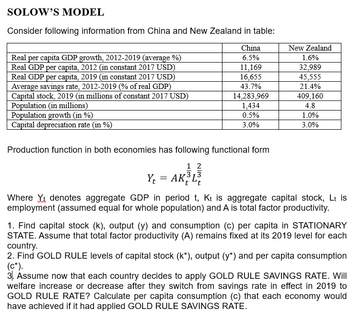 SOLOW'S MODEL
Consider following information from China and New Zealand in table:
China
6.5%
Real per capita GDP growth, 2012-2019 (average %)
Real GDP per capita, 2012 (in constant 2017 USD)
Real GDP per capita, 2019 (in constant 2017 USD)
Average savings rate, 2012-2019 (% of real GDP)
Capital stock, 2019 (in millions of constant 2017 USD)
Population (in millions)
Population growth (in %)
Capital depreciation rate (in %)
11,169
16,655
43.7%
14,283,969
1,434
0.5%
3.0%
Production function in both economies has following functional form
1 2
Yt = AK³L³
New Zealand
1.6%
32,989
45,555
21.4%
409,160
4.8
1.0%
3.0%
Where Yt denotes aggregate GDP in period t, Kt is aggregate capital stock, Lt is
employment (assumed equal for whole population) and A is total factor productivity.
1. Find capital stock (k), output (y) and consumption (c) per capita in STATIONARY
STATE. Assume that total factor productivity (A) remains fixed at its 2019 level for each
country.
2. Find GOLD RULE levels of capital stock (k*), output (y*) and per capita consumption
(C*).
3. Assume now that each country decides to apply GOLD RULE SAVINGS RATE. Will
welfare increase or decrease after they switch from savings rate in effect in 2019 to
GOLD RULE RATE? Calculate per capita consumption (c) that each economy would
have achieved if it had applied GOLD RULE SAVINGS RATE.