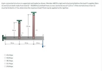 A pin-connected structure is supported and loaded as shown. Member ABCD is rigid and is horizontal before the load P is applied. Bars
(1) and (2) are both made from steel [E = 30,000 ksi] and both have a cross-sectional area of 1.25 in.2. If the normal stress in bar (1)
must be limited to 17 ksi, determine the maximum load P that may be applied to the rigid bar.
80 in.
B
(1)
120 in.
(2)
C
D
54 in.
54 in.
24 in.
43.4 kips
40.8 kips
38.3 kips
31.9 kips
○ 29.8 kips