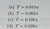 (a) T = 0.010s
(b) T = 0.063 s
%3D
(c) T = 0.100 s
(d) T = 0.628 s
