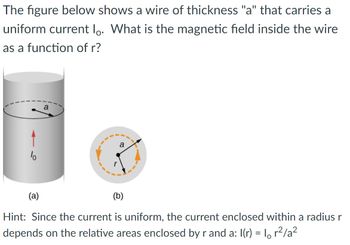 The figure below shows a wire of thickness "a" that carries a
uniform current lo. What is the magnetic field inside the wire
as a function of r?
a
a
(a)
(b)
Hint: Since the current is uniform, the current enclosed within a radius r
depends on the relative areas enclosed by r and a: 1(r) = 1 r²/a²